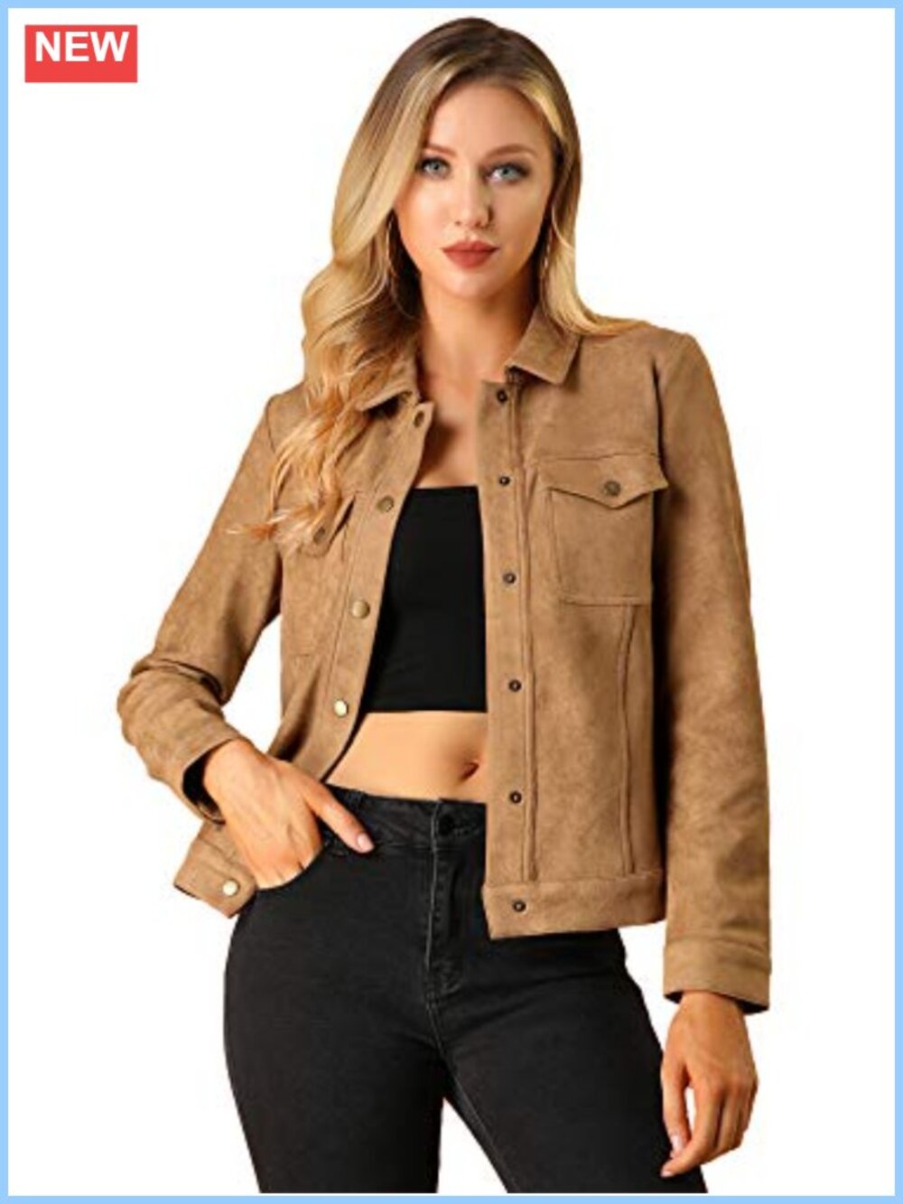 Faux Suede Snap Front Shacket with Flap Pockets - Loose Fit